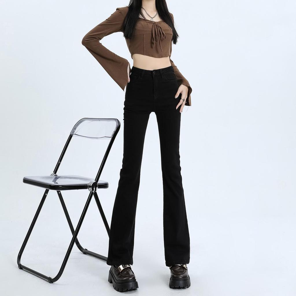 Women's Light Wash High-Waist American-Style Flared Jeans, Slim Fit, Elastic, Small Size, Washed Blue Horseshoe Design