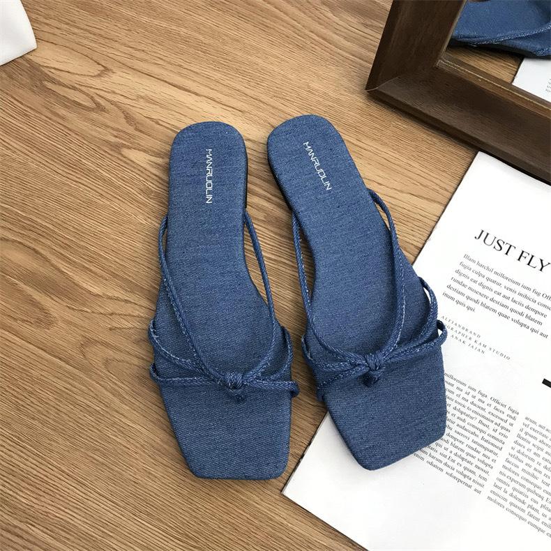 Spring 2025 new flat-bottomed cool slippers square-headed fairy style with skirt strap cover toe silver sandals women's shoes