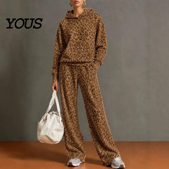 Damskie casualowe zestawy dopasowane Bluza z kapturem i spodnie w panterkę, Bluza z kapturem i kieszenią kangurką, Stroje szerokie nogawki luźne dwuczęściowe zestawy do salonu na jesień