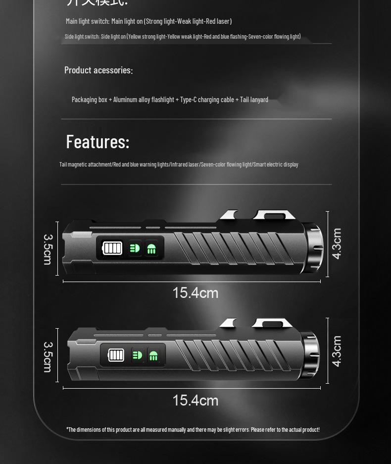 High-Intensity Black Aluminum Flashlight with Colorful Neon Light and Long Battery Life: Outdoor Multifunctional Torch