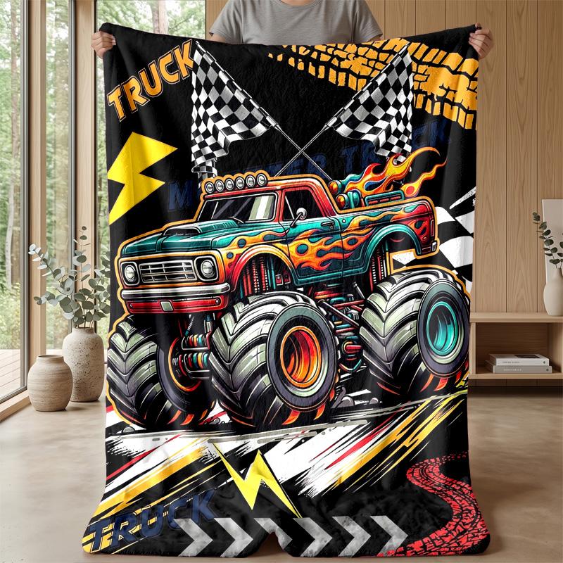Fire-Racing Monster Trucks Theme Blanket Lightweight Warm Flannel Blanket Decorative Throw Blanket for Home Decoration