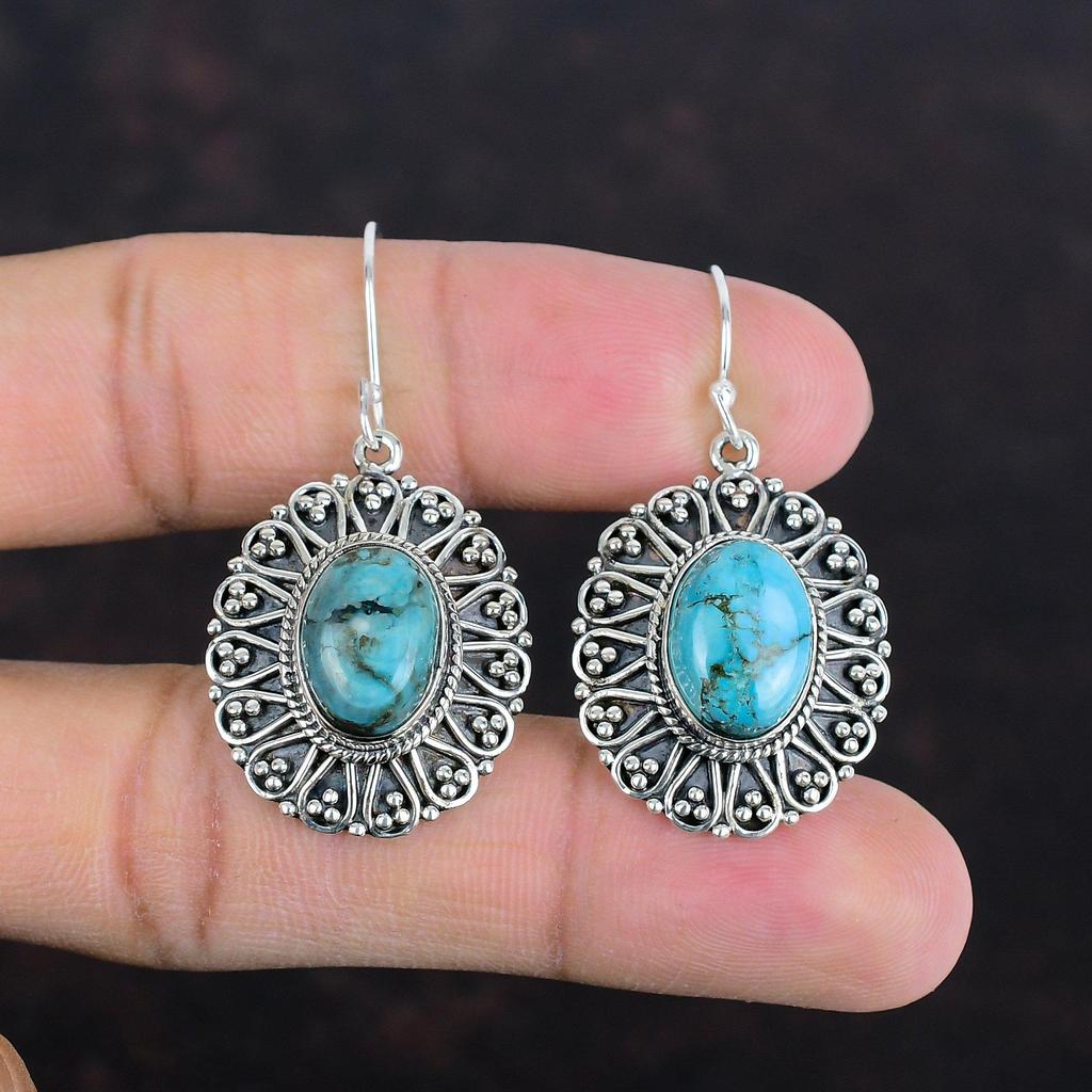 Tibetan Turquoise Earring 925 Sterling Silver Earring Handmade Elegant Jewelry Vintage Drop Earring Genuine Gemstone Earrings Gifts For Wife