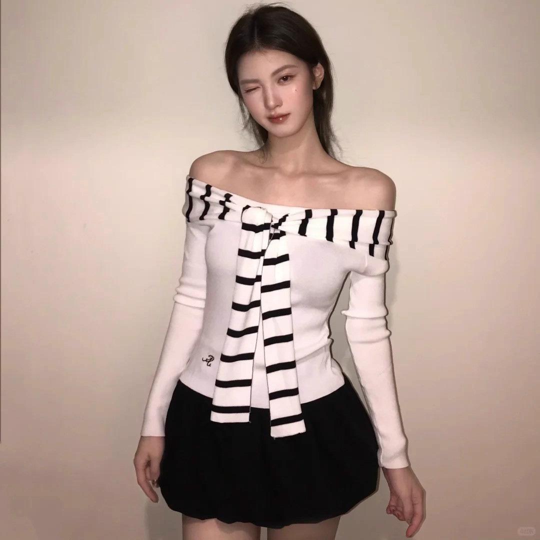 

Korean striped streamer splicing one-word shoulder long-sleeved autumn new slim-fit versatile sweet Spice Girl top one size fits all білий