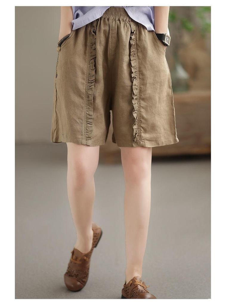 Women's Retro Pleated Cotton-Linen Harem Shorts – Casual, Loose, Elastic Waist for Spring/Summer