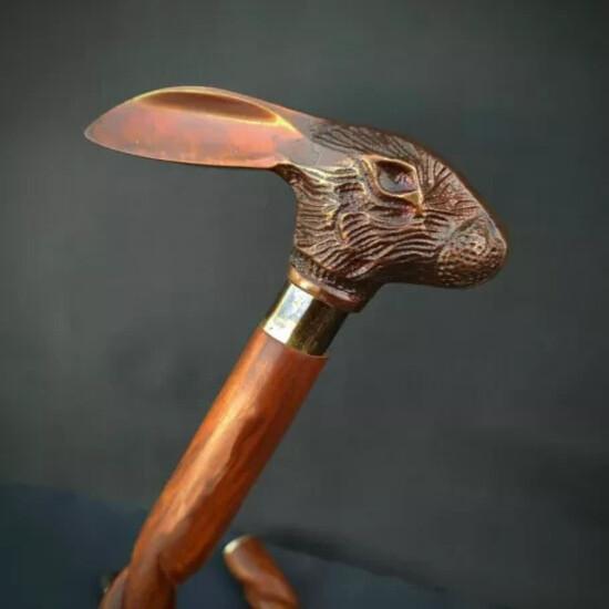 Antique Solid Rabbit Head Handle Victorian Wooden Walking Stick Cane For Him
