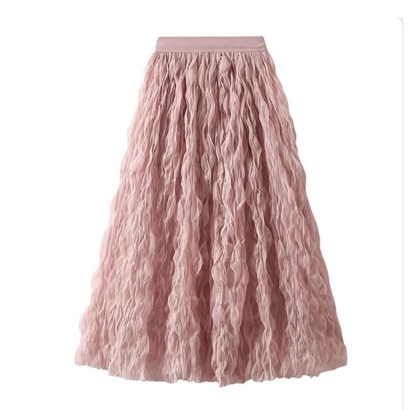 2026 Summer Elegant High Waist Mesh A-line Skirt with Wave Pleats for Women