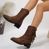 Autumn Flock Fringes Women's Boots Western Cowboy Ankle Boots Slip on Pointy Frosted  Square Heels Cowgirl Shoes for Women