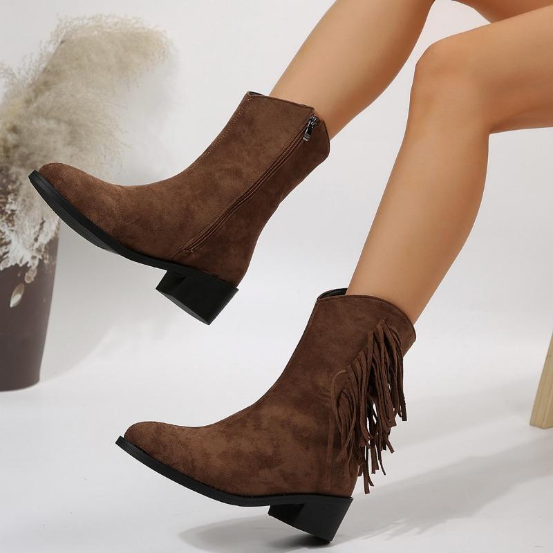 Autumn Flock Fringes Women's Boots Western Cowboy Ankle Boots Slip on Pointy Frosted  Square Heels Cowgirl Shoes for Women