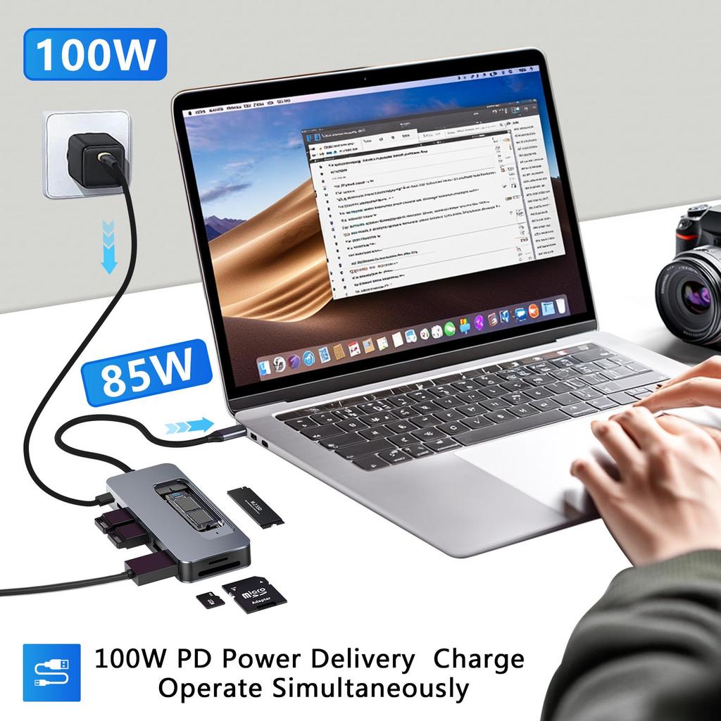 USB-C Hub mit M.2 SSD-Gehäuse, 9-in-1 USB-C Dockingstation passend für M.2 NVMe SSD, 10 Gbit/s, 4K@60Hz HDMI, 100W PD, SD/TF-Kartenleser