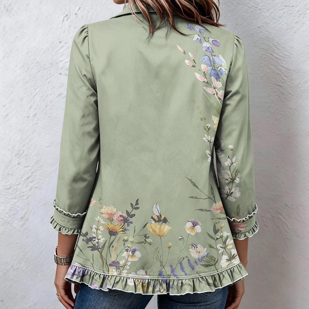 Women's Floral Print Cardigan, Long Sleeve Ruffle Open Front Top, Casual Outerwear for Spring and Fall
