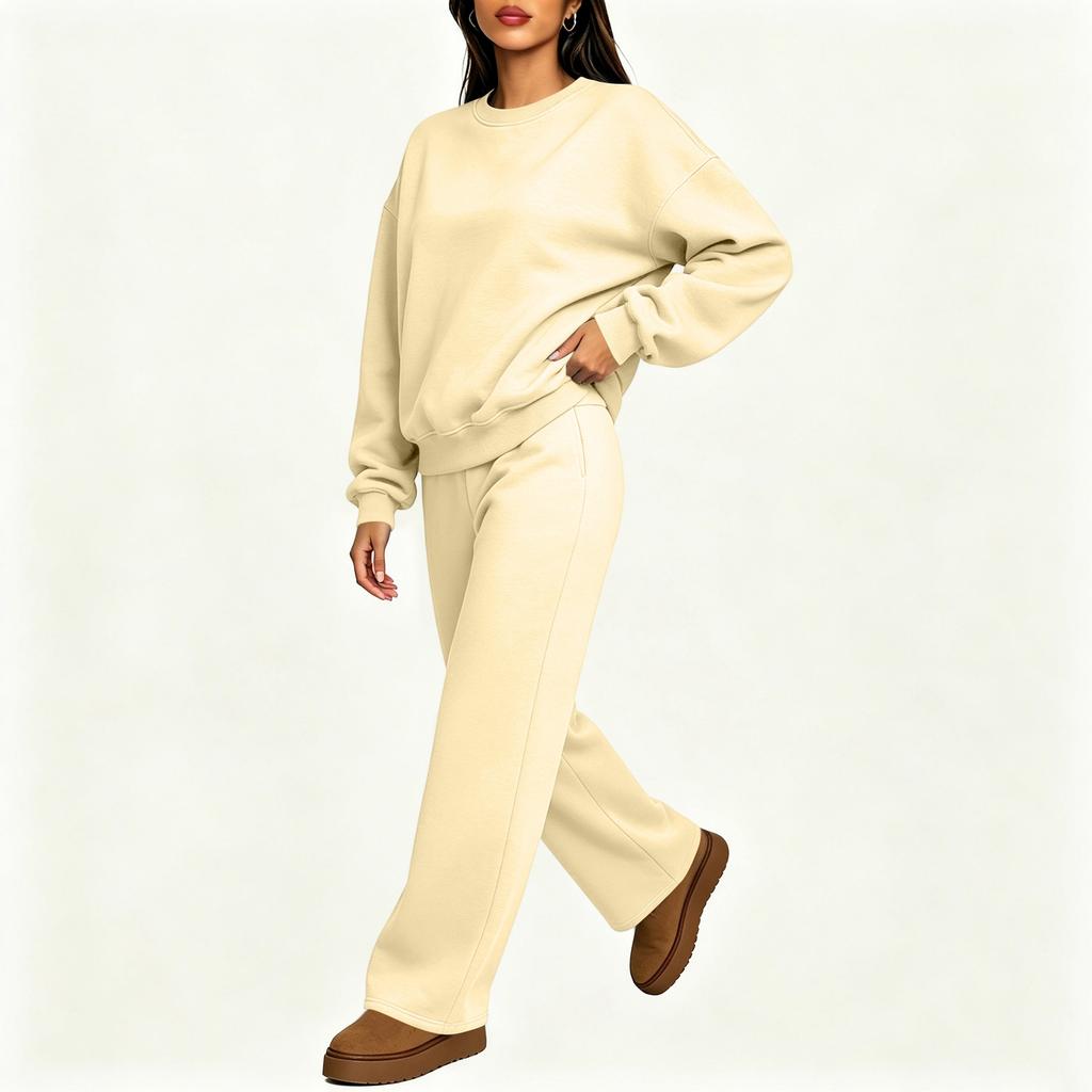 Damen 2-teiliges Set Farbe Hals Langarm Pullover Sweatshirt mit Elastischer Taille Jogginghose
