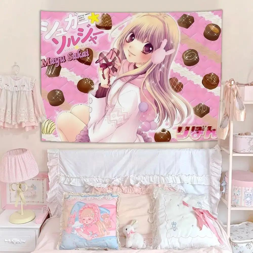 Kawaii Maid Anime Tapestry Cute Cat Paw Print Polyester Wall Hanging for Bedroom Soft Pink Aesthetic and Otaku Themed Home Dec