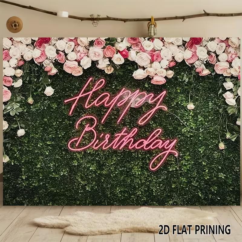 

2D Flower Hedge Birthday Backdrop, Pink Rose Top & Neon Sign Photography Background 47.2x31.5inch/120*80cm