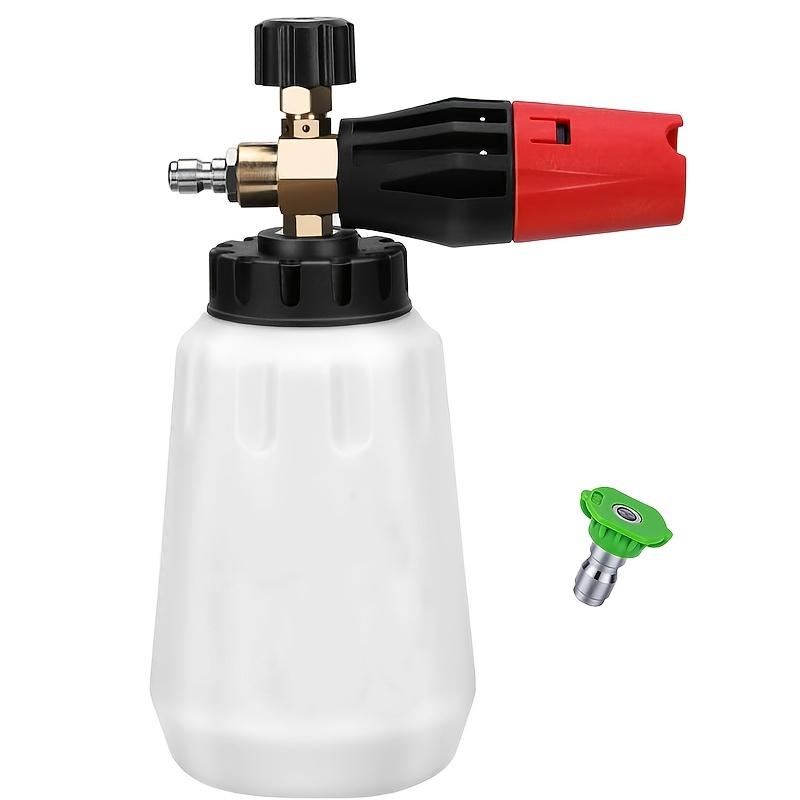 Adjustable Nozzle Foam Cannon, 1L Thick Bottle, 1/4" Quick Connect, 5 Nozzles with Base, for Pressure Washers, Battery-Free