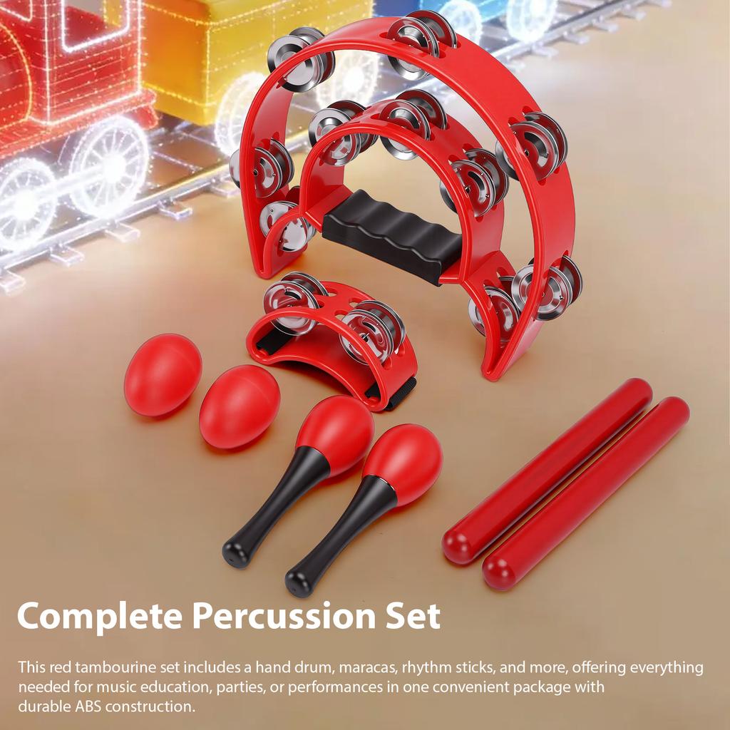 8Pcs Red Percussion Set Tambourine Maracas Rhythm Sticks Egg Shaker for Party Music Education Classroom Performance