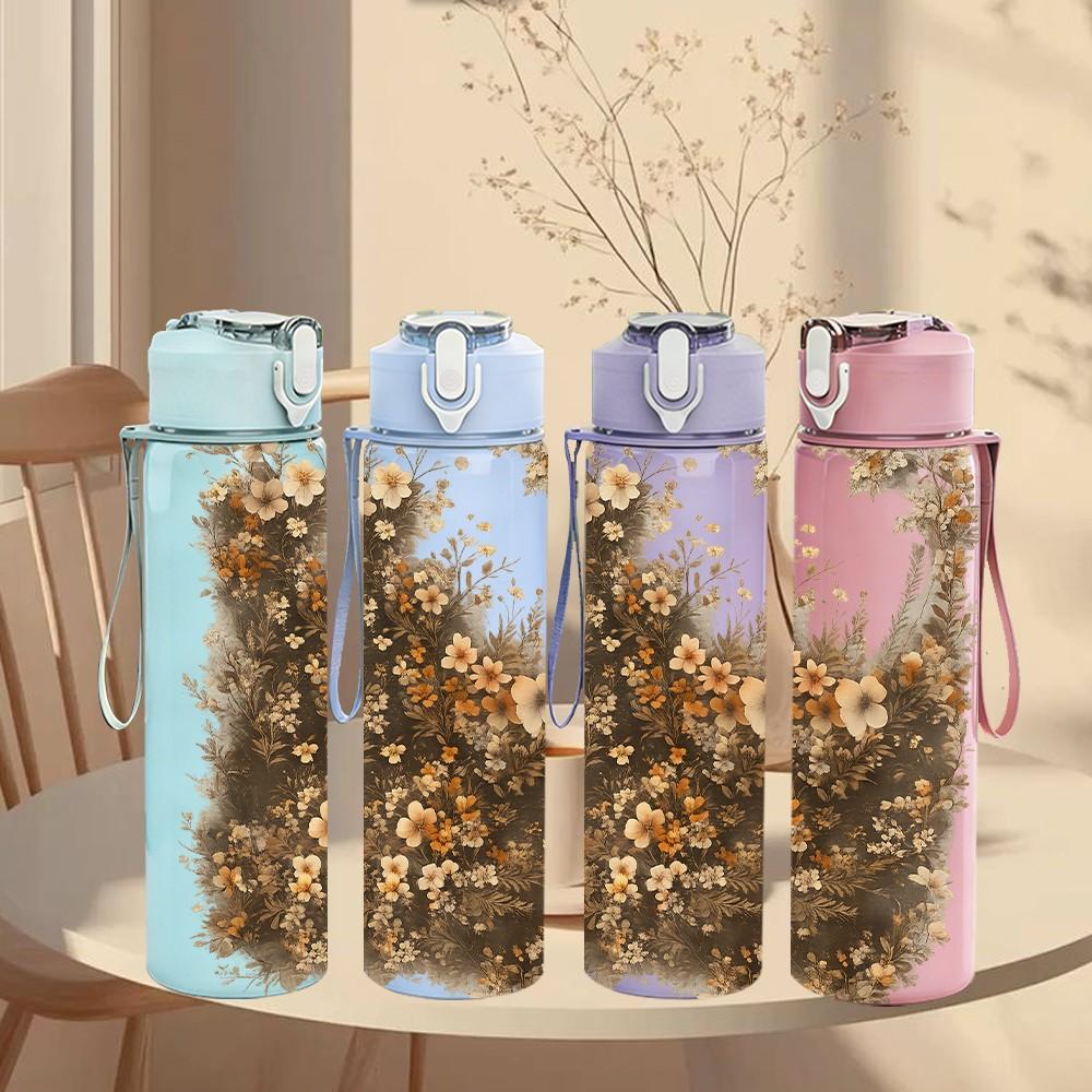 1PC Dried Withered Plant Texture Print 750ml Color Plastic Sports Water Bottle Leakproof Flip Straw Lid Suitable for Sports Office Home Use