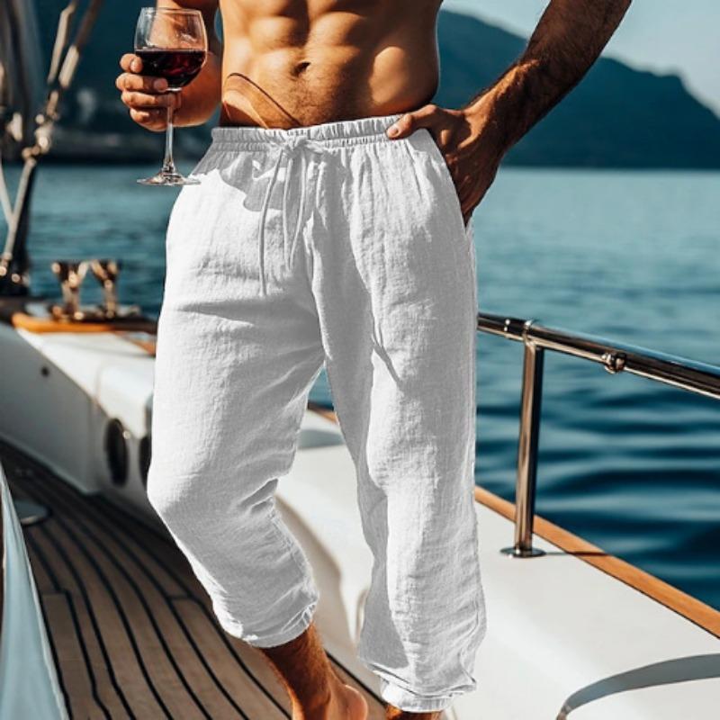 

Хлопок и Лен Девять Укороченных Брюк Пляжные Брюки Карман Кулиска Эластичная Талия Однотонные Удобные и Дышащие Мужские Повседневные Брюки S белый