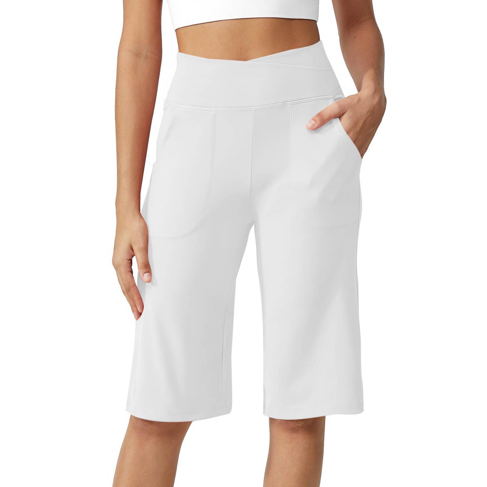 

Women Elastic High Waist Casual Fit Wide Capris Leg Pants Yoga Leggings Soft Gym With Pockets M белый