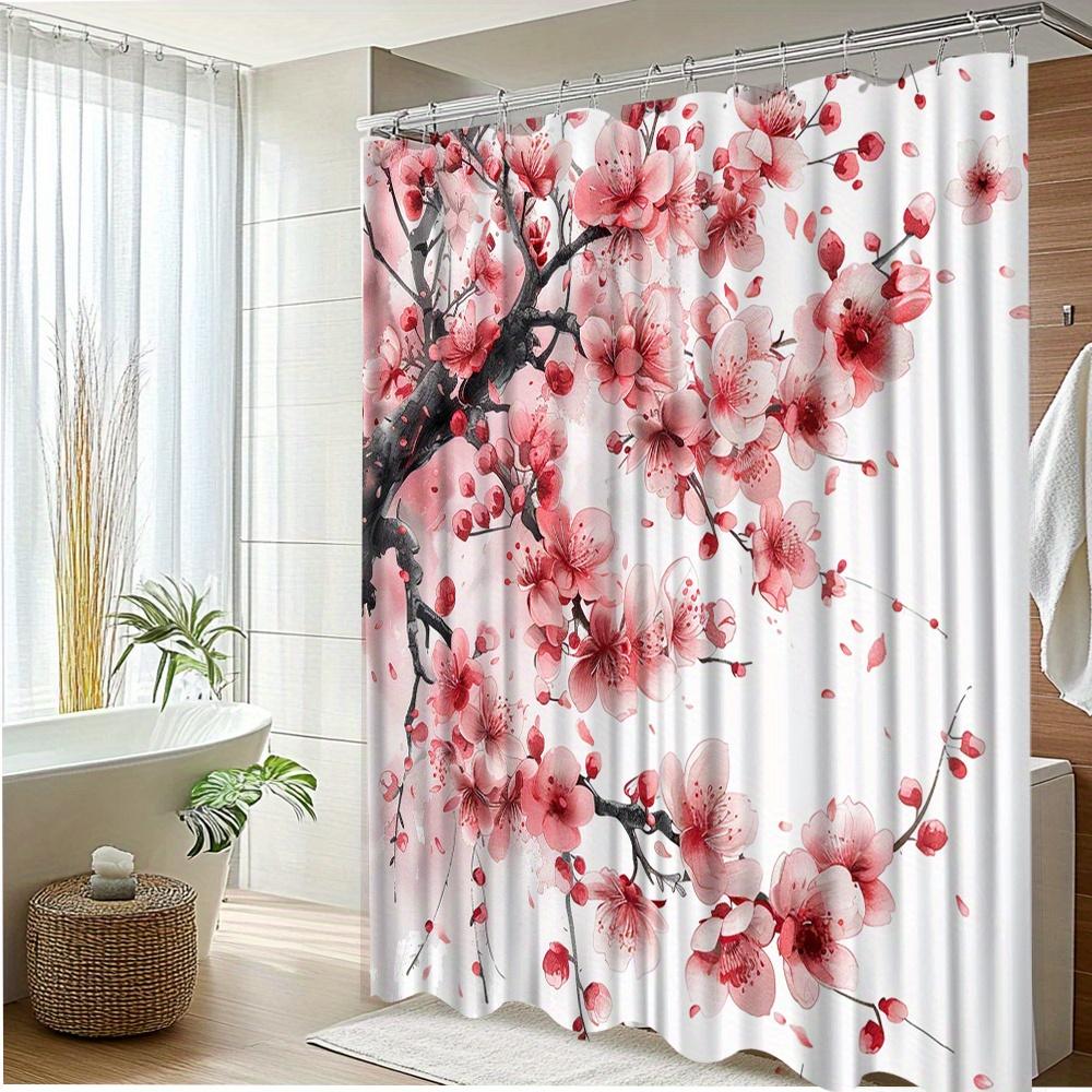 1Pc Cherry Blossom Shower Curtain With Floral Design For Bathroom Decor - Polyester Fabric, Comfortable And Vibrant Look, Includ