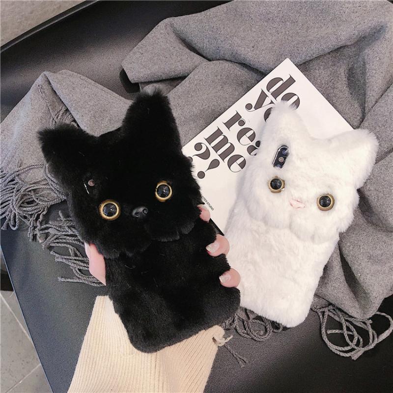 3D Cute Cartoon Cat Furry Plush Phone Case For iPhone 17 Air 15 14 13 12 mini 11 16 Pro Max XS XR X 6 7 8 Plus Shockproof Cover