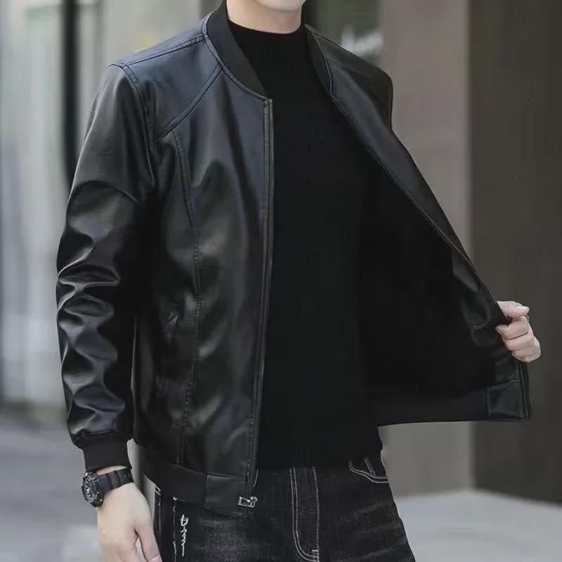 Men's Slim Fit Leather Jackets: Autumn/Winter Velvet, Motorcycle & Flight Styles, Warm & Casual, Korean Design for All Ages.