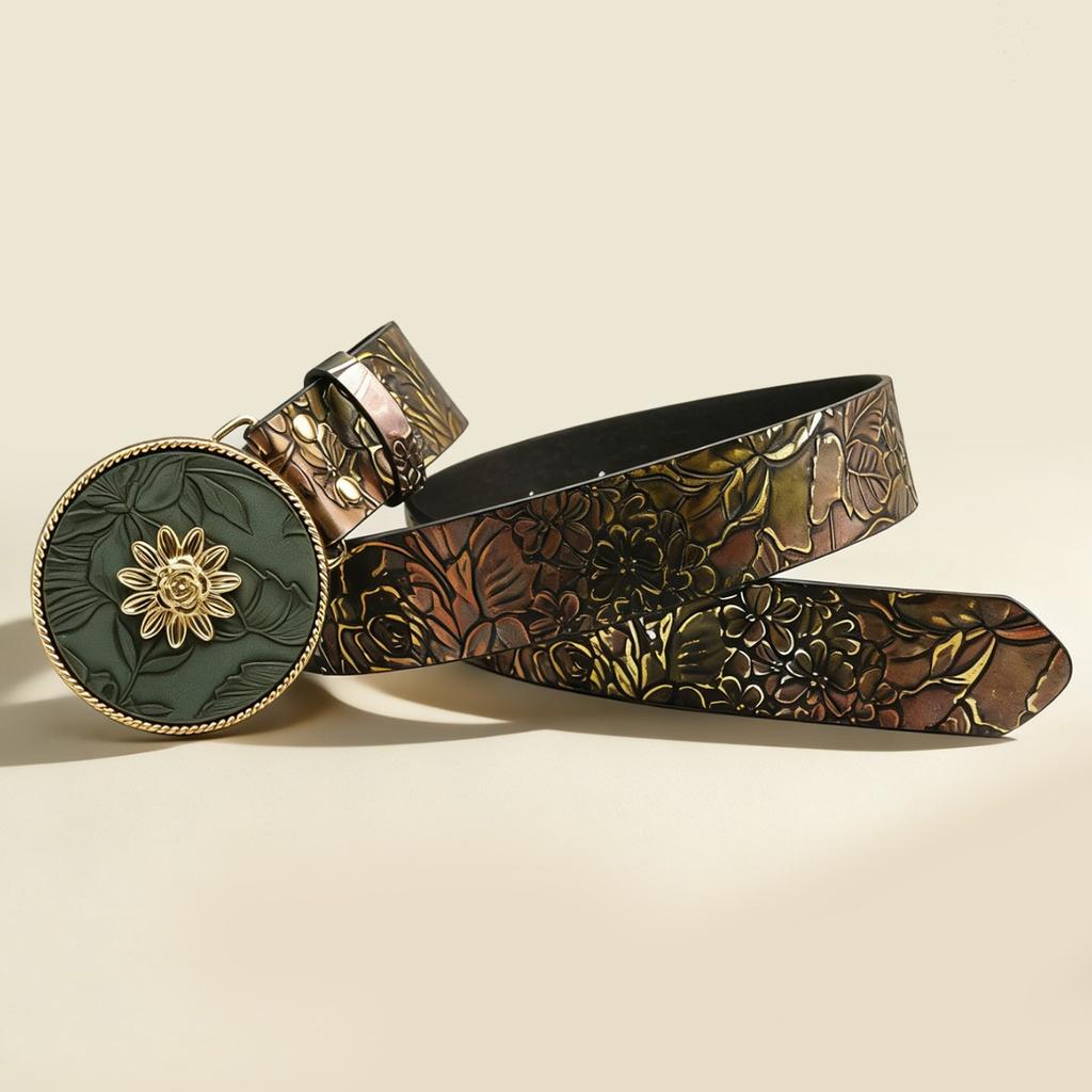 Gilt flower embossed retro round buckle wide belt, three-dimensional gold flower relief women's decorative belt wholesale