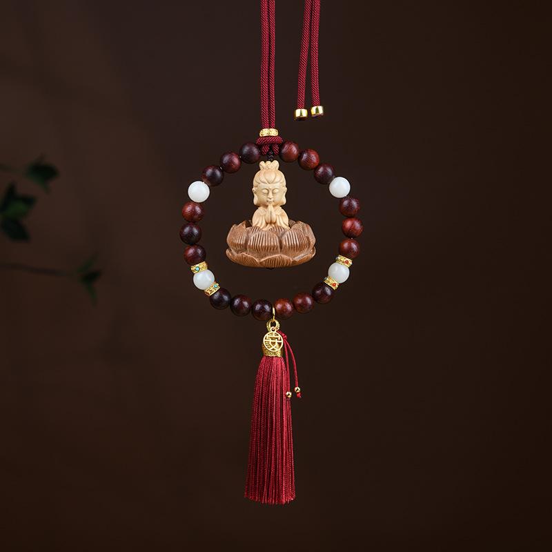 Carved Lotus Buddha Car Pendant Car Rearview Mirror Solid Wood Bodhi Tassel Figurine Hanging Decor Auto Interior Lucky Ornaments