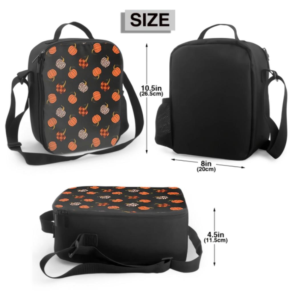 Leopard Orange Und Büffelkaro Kürbis Lunchbox Thanksgiving Isolierte Lunchtasche mit Wasserflaschenhalter Kühltasche für Kinder