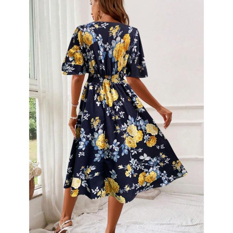 Floral Fairy Dress Elegant V-neck Short Sleeve Long Skirt Waist Cinching Large Size Seaside Vacation Temperament