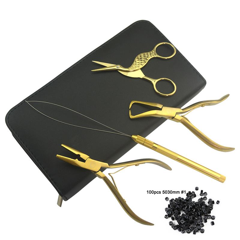 Set de clești pentru extensie de păr Instrumente, Clești pentru deschiderea aplicațiilor + ac de tragere + cleme + Micro margele căptușite de 5030 mm Negru