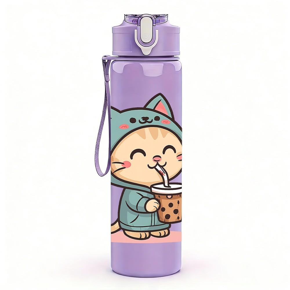 1PC Blue Hood Cat Coffee 750ml Color Plastic Sports Water Bottle Leakproof Flip Straw Lid Suitable for Sports Office Home Use