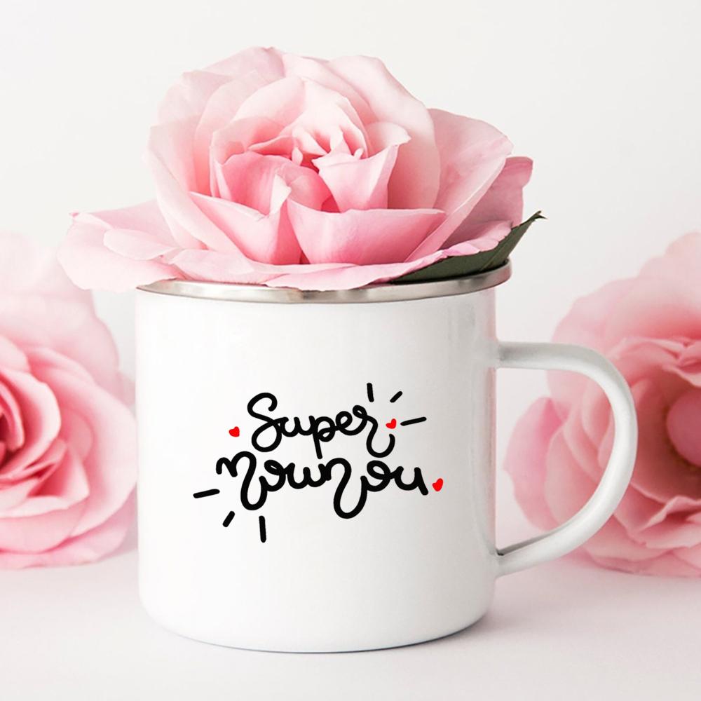 Merci Nounou Printed Mugs Creative Coffee Tea Cups Drink Water Milk Cup Enamel Mug School Home Handle Drinkware Gifts for Nounou