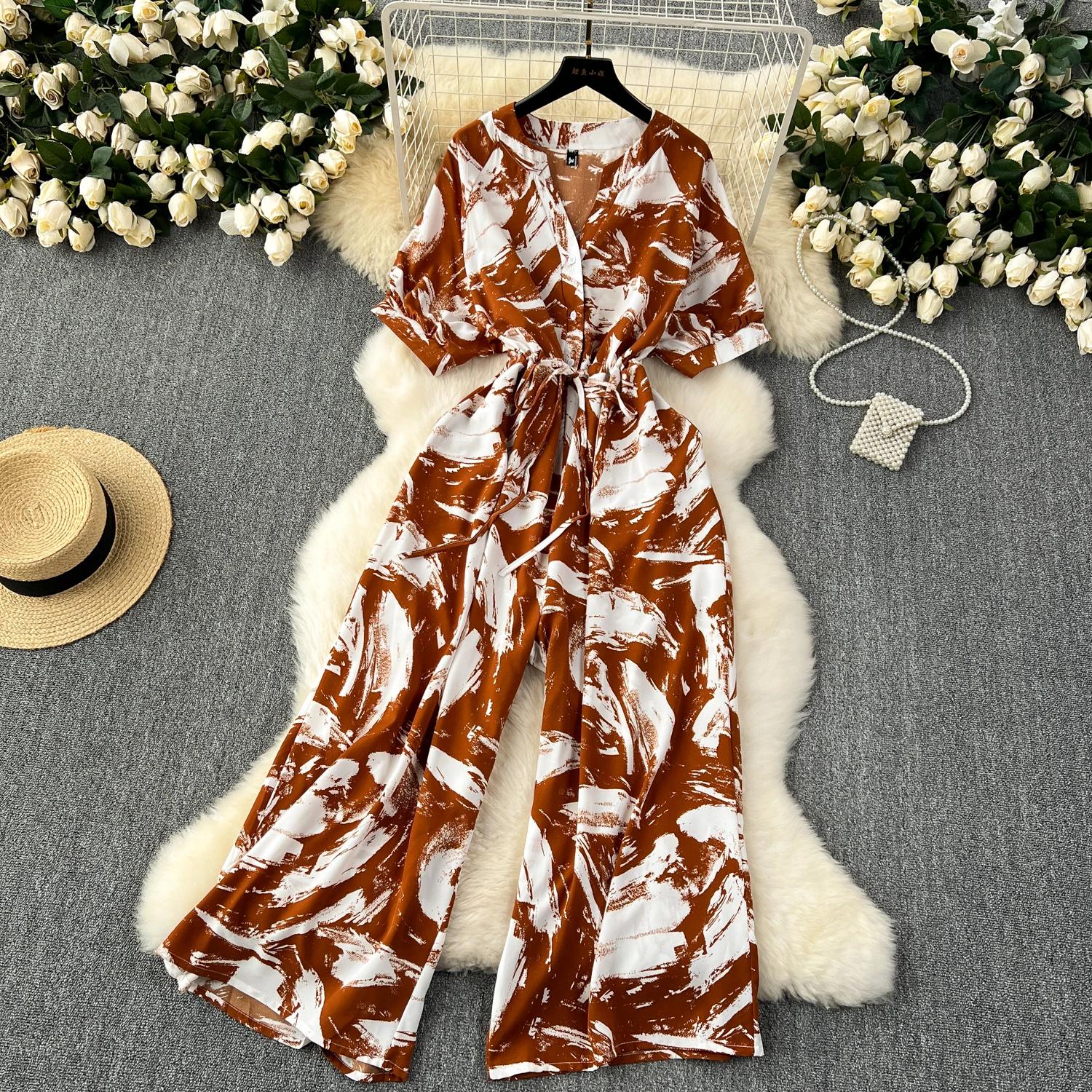 Летний повседневный женский комбинезон с широкими штанинами и принтом — фото 7