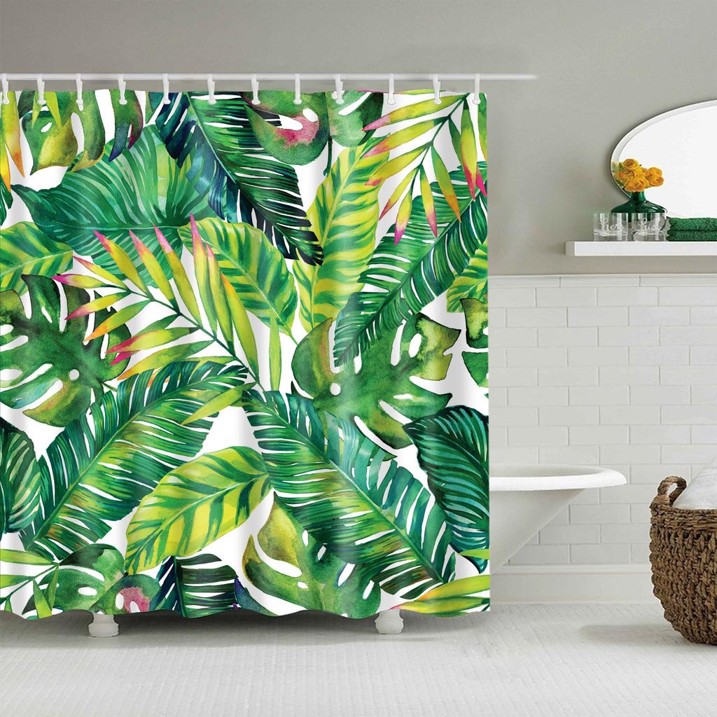 Plant Stripes Shower Curtain Bathroom Waterproof Polyester Shower Curtains for Bathroom Flower Print Bath Curtain with Hooks