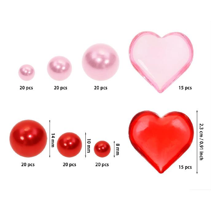 PENTA ANGEL Valentine’s Day Pearl Vase Fillers 150Pcs Pink Red Floating Faux Pearl Beads Acrylic Heart Pieces for Holiday Wedding Home Table