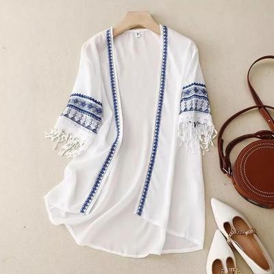 Women's Blouse Thin Chiffon Open Front Shirt Summer Ethnic Style Half Sleeved Embroidery Blouse Top Sunscreen Shirt