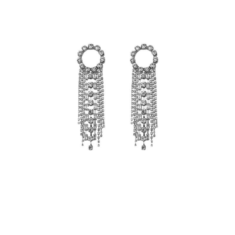 S925 Silver Geometric Rhinestone Tassel Earrings - Sparkling Diamond Round Long Design