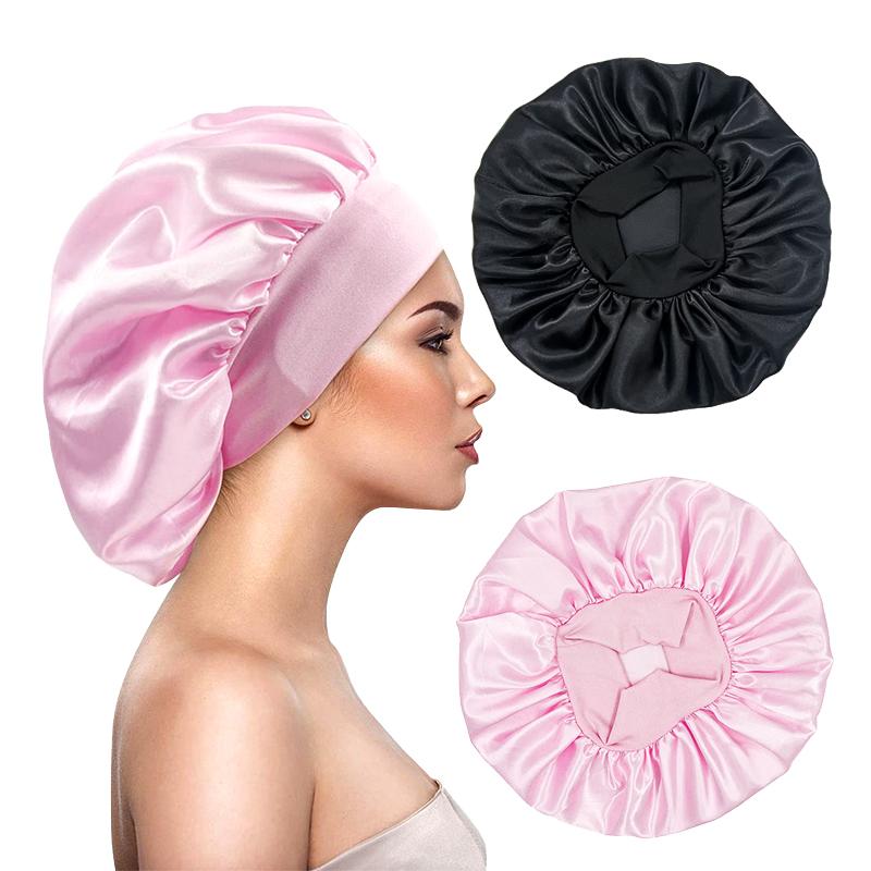 2PCS/LOT Women s Satin Solid Bonnets Head Cover Elastic Band Cap Wide-brimmed Night Sleeping Bathing Hat Hair Care Bonnet One Size