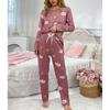 Damen Pyjama Rundhals Pullover Langarm Set, Locker Und Bequem Elastische Hauskleidung Zweiteiliges Set, Kann Draußen Getragen Werden