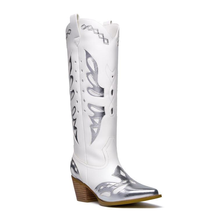 European and American new thick heel pointed head silver and white color matching western boots V mouth but knee high heel sleeve fashion boots women
