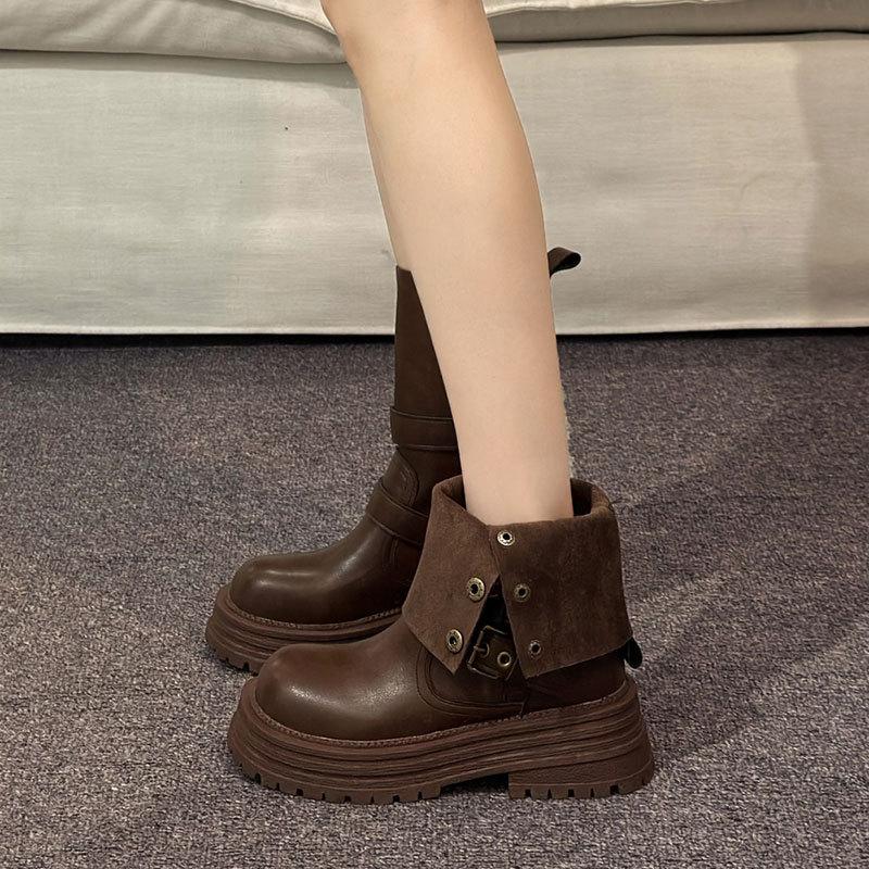 Height-increasing retro Maillard brown Martin boots for women, new autumn and winter two-wear locomotive boots, platform short boots for women