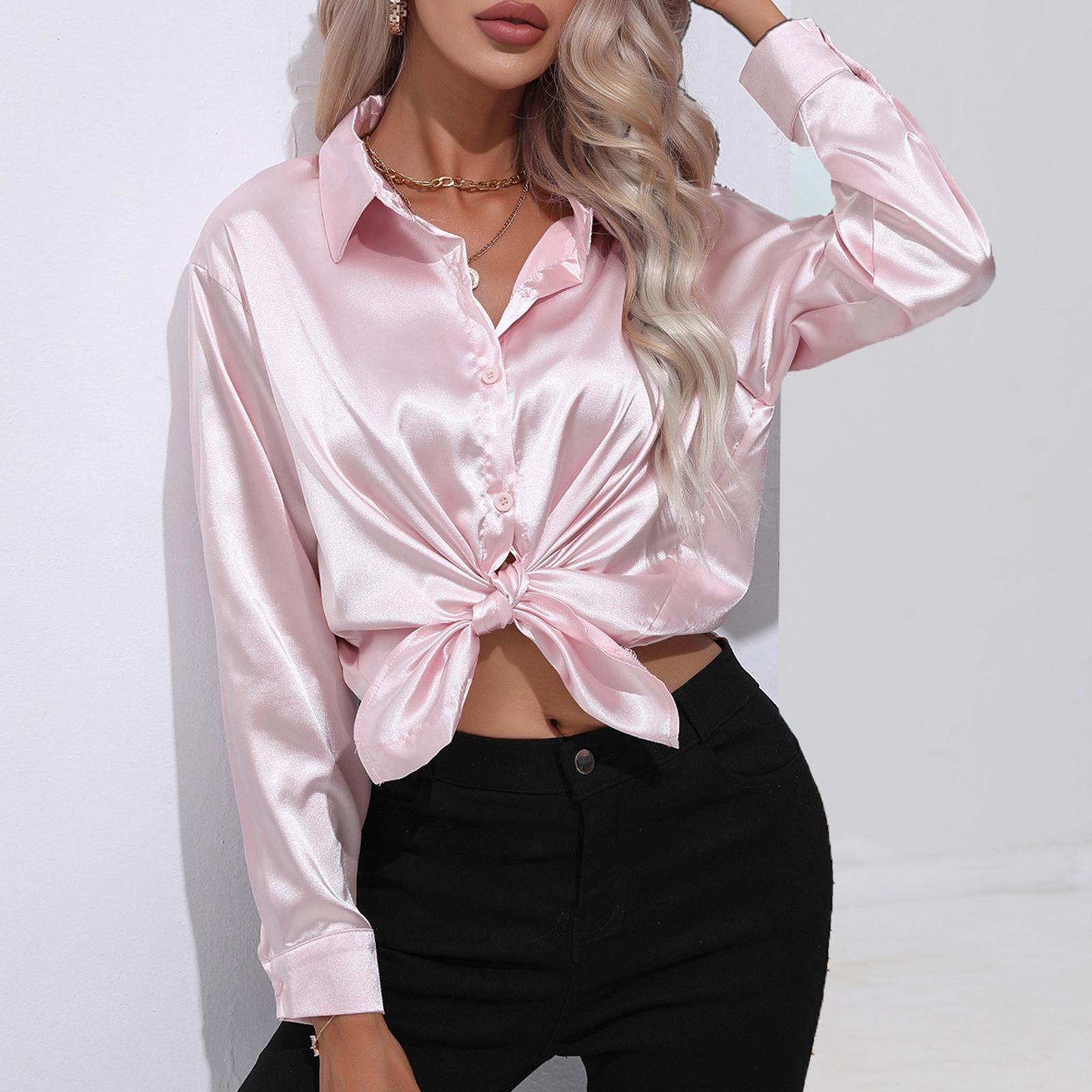 Women s Satin Long-sleeved Color Collared Shirt/blouse L розовый