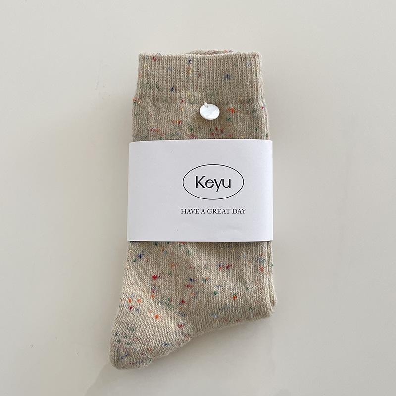 SP&CITY Korean Cartoon Embroidery Wool Socks Women's White Bow Stripe Plush Middle Tube Socks Winter Breathable Thickned Socks