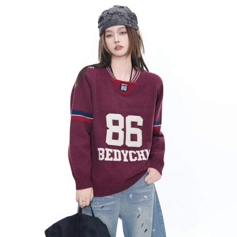 Oversized V-Neck Numeric Knit Sweater Men Women Casual Streetwear Loose Fit Pullover 2026