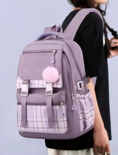 Maeau Backpack/Shoulder Bag for Girls, Elementary School Students, Waterproof, Large Capacity, Nylon Check, Korean Style, School-Style, Purple