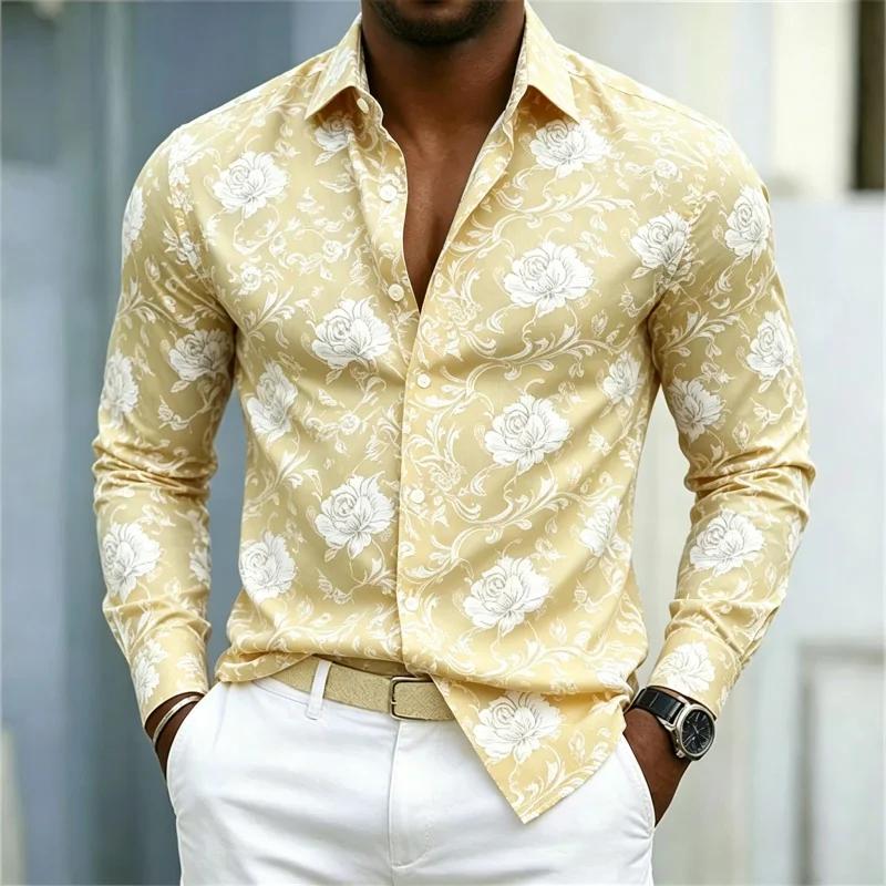 2026 new men's shirt European and American style red rose floral shirt men's slim fit long sleeved vacation casual style