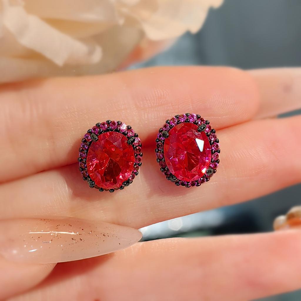 Imitation Red Corundum Necklace Stud Earrings Set, Dark Black Gold Opening Adjustable Ring For Women