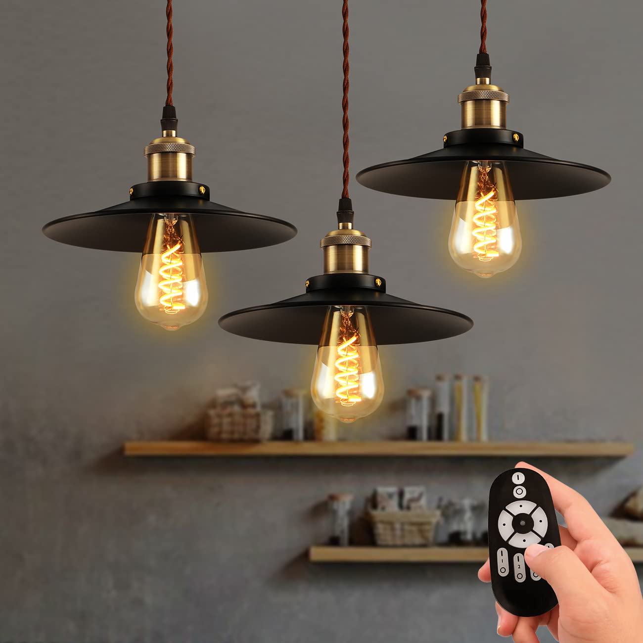 

ANWIO 3-Piece Pendant Light Set, 22cm Diameter, E26 Base, 300LM, 4.5W (20W Equivalent), Ceiling Lamp with Remote Control, Antique Retro Design,