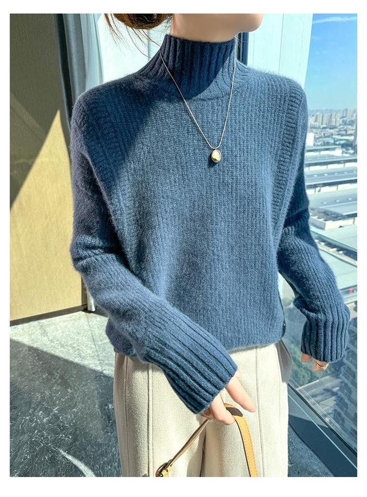 Solid Color Wool Thick Knit Sweater - 2024 Autumn/Winter Collection, Warm and Loose with Half-High Round Neck