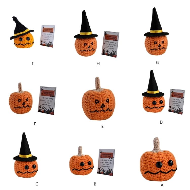 Festival Crochet Pumpkin Dolls with Positive Message Card Halloween Small Pumpkin Head Knit Toy Ornament for Gifting